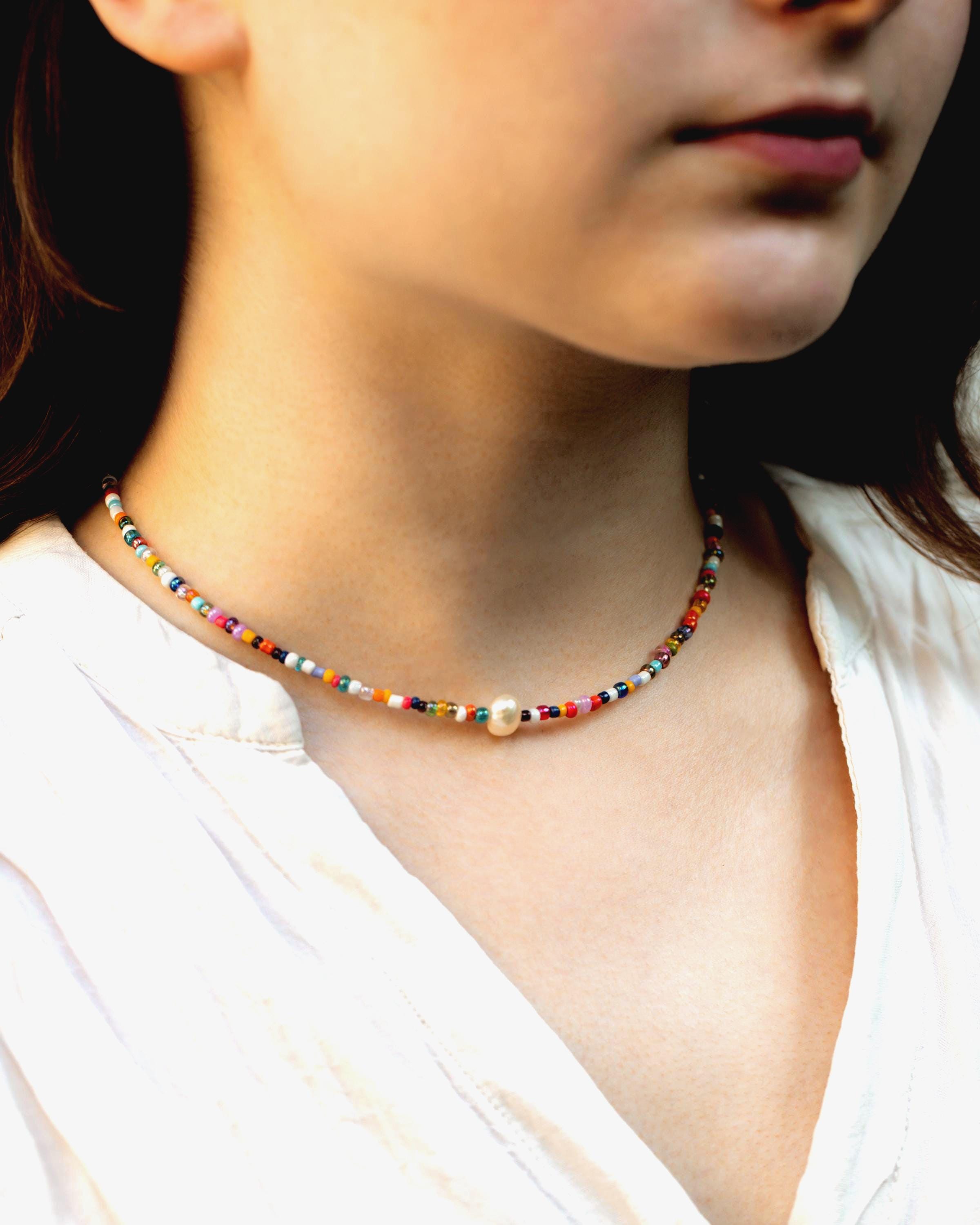 Colorful Beaded Necklace With Pearl Beads, Summer Multicolor