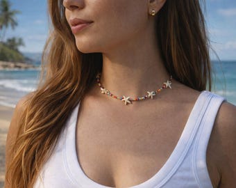Kolorowy naszyjnik choker z rozgwiazdą, koralikowa biżuteria plażowa, letni naszyjnik, biżuteria inspirowana oceanem, uroczy prezent w stylu boho z chokerem dla niej