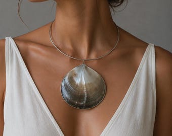 Mother of Pearl Statement Necklace Large Shell Pendant Handmade Collar Necklace Stainless Steel Coastal Jewelry