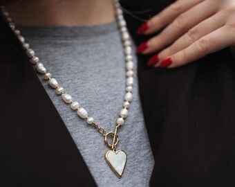 Freshwater Pearl Necklace with Heart, Summer Beach Necklace, Gifts for Her