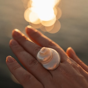 May include: A ring featuring a polished, iridescent seashell centerpiece with a spiral, conical shape. The shell displays soft white and cream tones with a pearlescent sheen, securely mounted on a simple, thin metallic band that encircles the finger.