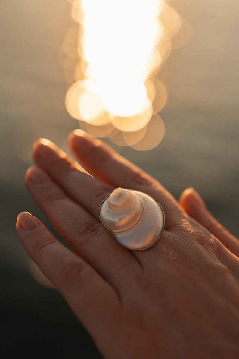 May include: A ring featuring a polished, iridescent seashell centerpiece with a spiral, conical shape. The shell displays soft white and cream tones with a pearlescent sheen, securely mounted on a simple, thin metallic band that encircles the finger.