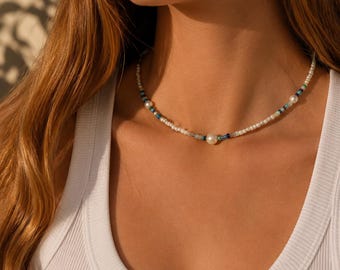 Colorful Pearl Beaded Necklace, Summer Choker Necklace, Handmade Seed Bead Jewelry, Beach Style Necklace, Minimalist Boho Gift for Women