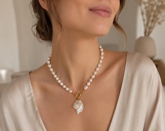 Natural Pearl Shell Necklace with Real Seashell Pendant Coastal Beach Jewelry Handmade Gift for Her