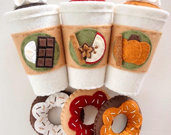 Fall Felt Play Drinks, Felt Pumpkin Spiced Latte, Felt Apple Cider, Felt Hot Chocolate, Felt Play Food For Kids, Toy PSL