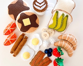 Felt Food Breakfast Set, Felt Play Food, Play Kitchen, Play Bakery, Montessori Learning, Felt Coffee Mug, Felt Avocado Slices, Felt Pancakes