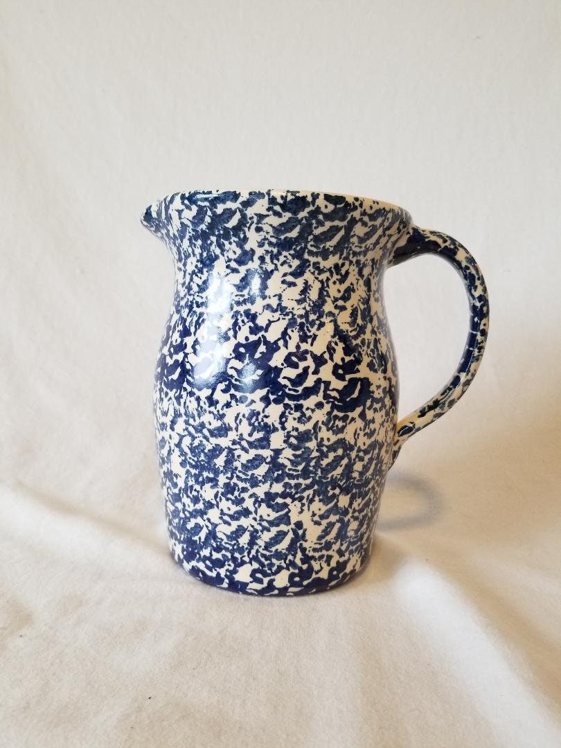 Blue and White Spongeware Stoneware Hot Water Pitcher with Stripes
