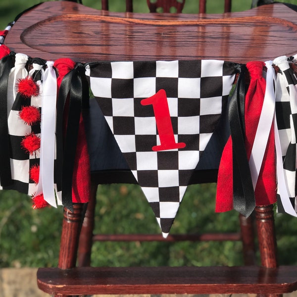 Race car Nascar Indy checkered flag racing first birthday boys highchair banner