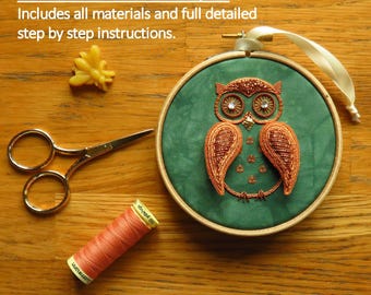 Goldwork and Stumpwork Embroidery Kit - Cuthbert the Owl - Contains all materials, hoop and detailed step by step instructions.