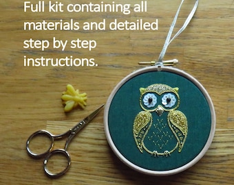 Goldwork Owl Embroidery Kit - Aubrey - Contains all materials, hoop and detailed step by step instructions.