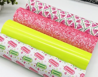 May include: Four rolls of patterned vinyl for crafting projects. The patterns include watermelon slices, popsicles, glitter, and solid neon yellow.
