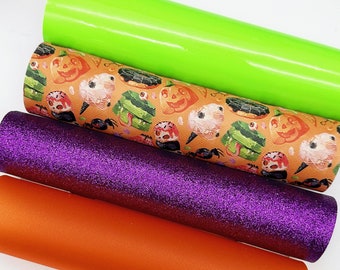 Halloween Candy Faux Leather - Orange Frosted Transparent Sheet - Green Faux Leather - Purple Glitter Sheet