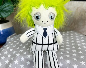 Handmade Spooky Plush Doll | Tim Burton-Style Inspired Black & White Striped Doll | Green Hair Gothic Toy