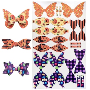 May include: A sheet of printable Halloween-themed hair bow designs. The designs include butterflies, pumpkins, candy corn, black cats, and jelly beans.