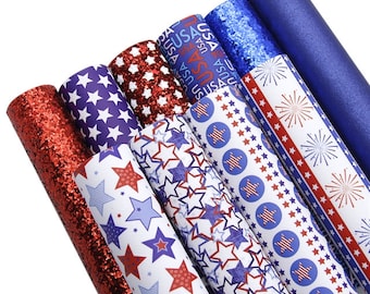 Red White and Blue 4th of July Themed Printed Faux Leather Fabric Sheets Glitter Leather Vinyl Craft Bows Sheets Earring Making Set R227