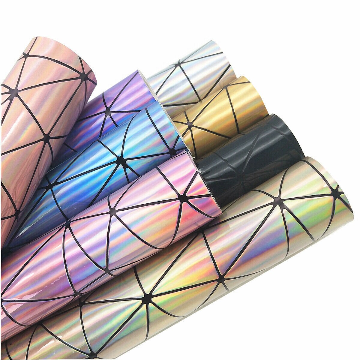 Holographic Geometric Iridescent PU Faux Leather Sheet Fabric Bag Cra…