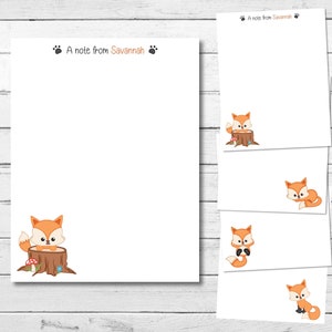 May include: A set of four printable stationery note cards featuring a cute cartoon fox in various poses. The cards have the text "A note from Savannah" at the top.