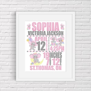 Affiche de nouveau-né d’éléphant, impression de statistiques de naissance, décor de pépinière, cadeau personnalisé de bébé