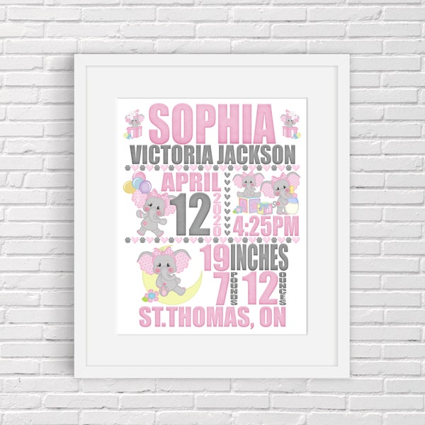 Personalised Newborn Baby Boy Elephant Print - Christening Gift / Nursery Decor