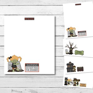 May include: Set of five printable Halloween note cards featuring a zombie girl with a warning sign that reads "Warning Do Not Feed The Zombies".