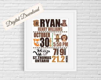 Woodland Animals Birth Stats Printable, Wall Art, Woodland Animals Nursery Decor, Personalized Baby Gift, Digital Download
