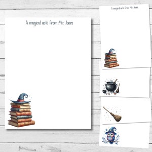 May include: A set of five printable note cards with a whimsical Halloween theme. Each card features a different illustration, including a witch's hat on a stack of books, a cauldron with steam, a broom, and an owl.