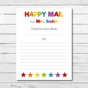 May include: A printable Happy Mail card with a rainbow coloured title and stars. The card has a space to write a positive note about someone.
