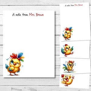 May include: A set of four note cards featuring a cartoon chick with different expressions. Each card has the text "A note from Mrs. Brown" at the top.