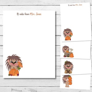 May include: Four printable note cards featuring a cute cartoon hedgehog with pumpkins and autumn leaves. The note cards say "A note from Mrs. Jones".