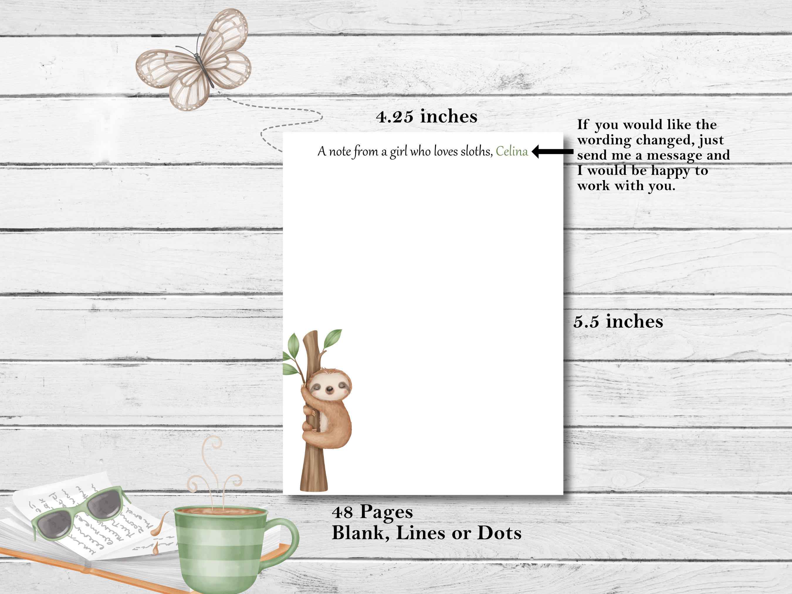 Sloth Taking Notes Personalized Handmade Sloth Notepad, 4.25x5.5 Inch Sloth Paper, Custom ...
