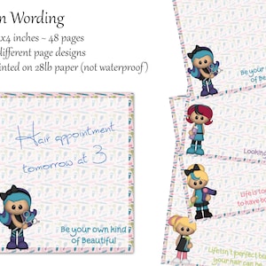 May include: A set of 48 printable 3.5x4 inch cards featuring cute cartoon girls with hair styling tools and inspirational quotes about hair. The cards are printed on 28lb paper and are not waterproof.