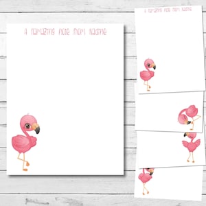 May include: A set of five pink flamingo note cards with the text "A flaming note from Nadine" on the top card.