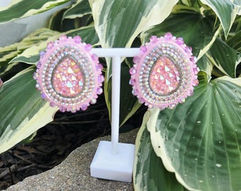 Pink Stardust – Handmade Glow-in-the-Dark Bead Embroidery Earrings | Pink Statement Earrings | OOAK