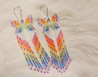 Neon Summer Butterfly Fringe Earrings | Handmade Beaded Butterfly Earrings | Neon Rainbow Fringe Earrings | Brick Stitch Seed Bead Earrings