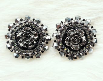 Midnight Steel Rose Stud Earrings | Handmade Beaded Statement Studs | OOAK Floral Earrings | Bead Embroidery | 1.5 Inch