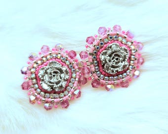 Pink Peony Rose Stud Earrings | Handmade Beaded Statement Studs | OOAK Floral Earrings | Bead Embroidery | 1.5 Inch