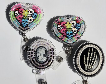 Beaded Retractable Badge Reel | Hand Bead Embroidered ID Holder | Skull Skeleton Gothic Badge Reel