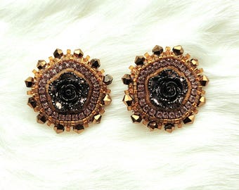 Autumn Ember Rose Stud Earrings | Handmade Beaded Statement Studs | OOAK Floral Earrings | Bead Embroidery | 1.5 Inch