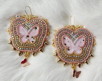 Butterfly Blush Earrings | Handmade Bead Embroidery | 14K Gold Filled Earrings | Pink Butterfly Statement Earrings | Aurora Borealis Crystal