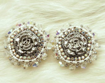 Silver Frost Rose Stud Earrings | Handmade Beaded Statement Studs | OOAK Floral Earrings | Bead Embroidery | 1.5 Inch