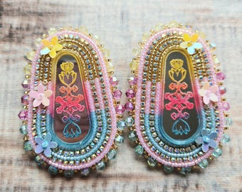 Looking Glass Garden Earrings | Mirrored Bead Embroidery Earrings | AB Crystal Statement Earrings | Floral Mirror Earrings