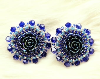 Midnight Sapphire Rose Stud Earrings | Handmade Beaded Statement Studs | OOAK Floral Earrings | Bead Embroidery | 1.5 Inch