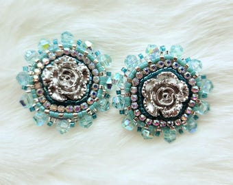 Caribbean Tide Rose Stud Earrings | Handmade Beaded Statement Studs | OOAK Floral Earrings | Bead Embroidery | 1.5 Inch