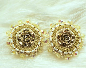 Golden Hour Rose Stud Earrings | Handmade Beaded Statement Studs | OOAK Floral Earrings | Bead Embroidery | 1.5 Inch