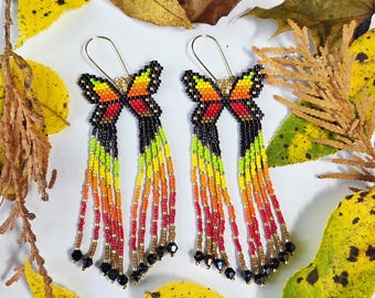 Changing Leaves Butterfly Fringe Earrings | Fall Beaded Earrings | Miyuki Delica Butterfly Earrings | Autumn Statement Jewelry