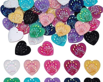 Glitter Bear Paw Heart Cabochons | Faux Druzy Resin Flat Back Cabochons | 1" Heart Resin Cabochons | Jewelry Making & Badge Reel Supplies