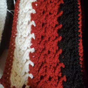 Cranberry Red, Black & White Crochet Slant Cross Scarf