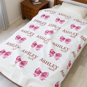 Custom Girl Pink Bow Blanket Personalized Baby Blanket Name Coquette Bow Soft Baby Gift Newborn Keepsake Cozy Nursery Blanket