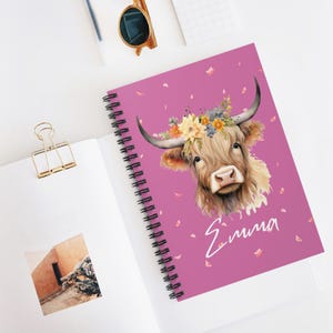 Floral Highland Cow Notebook,Personalized Spiral Journal,Cute Gift for Her,Cow Lover Gift,Stationery,Farm Animal Notebook,Rustic Cow Journal