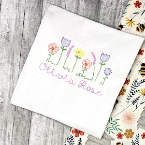 Girls Floral Personalized Shirt, Wildflower Top, Custom Baby Gift, Flower Outfit for Girls, Spring Tee, Floral Monogram, Embroidered Flower